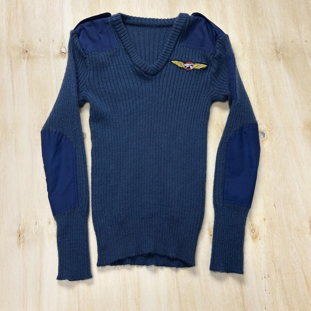 Aviation Sweater Mens Small Blue V Neck Knit Pilot Wings Shoulder Elbow Patches